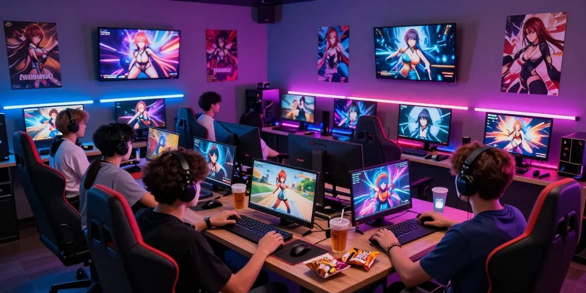 Gamers exploring various hentai games in a vibrant gaming setup, showcasing immersive anime-style graphics.