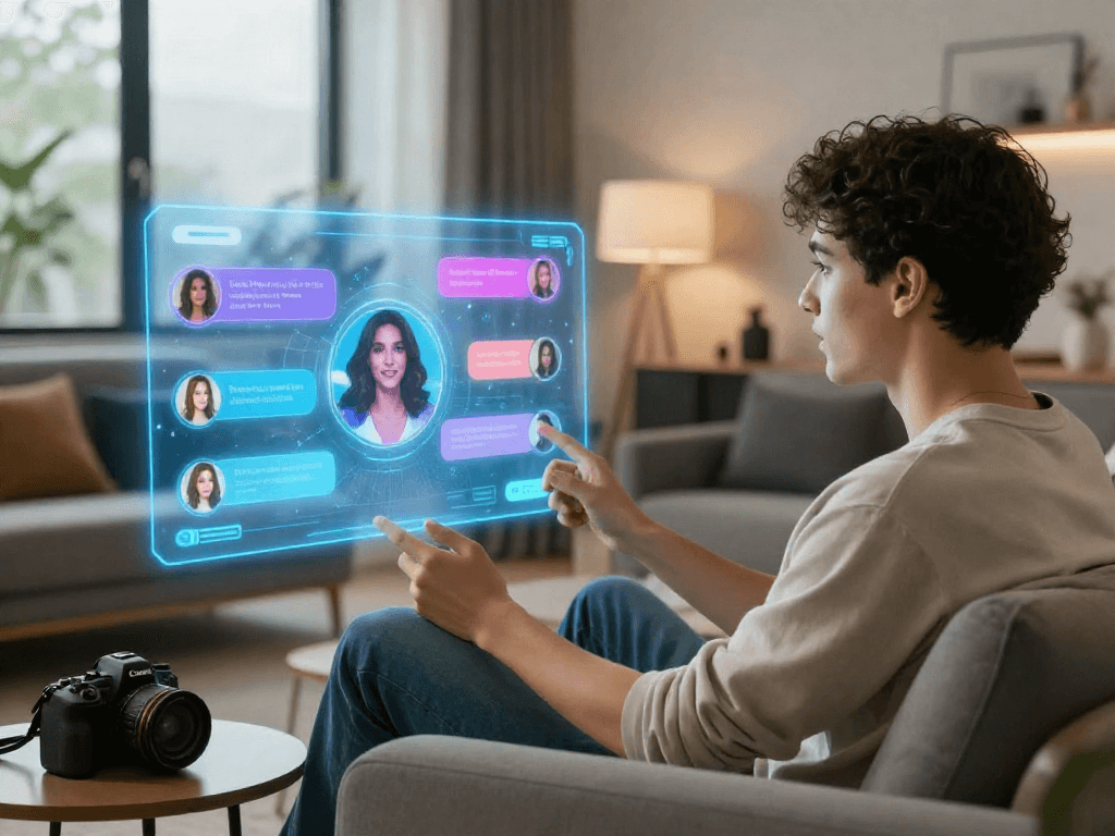 Engaging AI porn chat conversation in a modern living room setting with holographic displays.