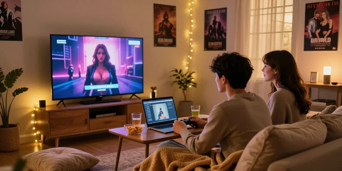 Couple enjoying a sex simulator gaming experience in a cozy living room.