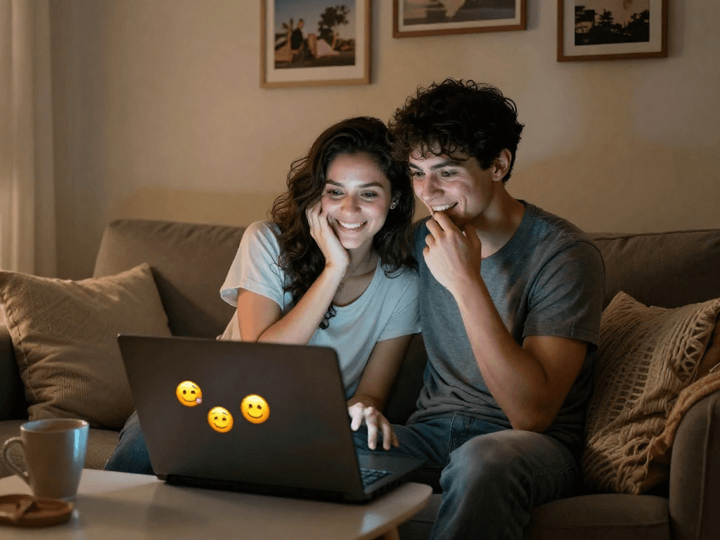 Engaging couple enjoying an ai porn chat on a cozy couch in a soft-lit room.