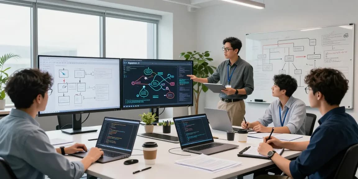 Team of engineers collaborating on agentic AI systems in modern workspace