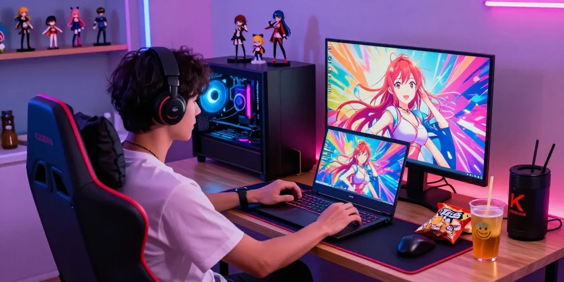 Gamer immersed in ecchi games on a stylish laptop with colorful LED lights, showcasing the vibrant gaming atmosphere.