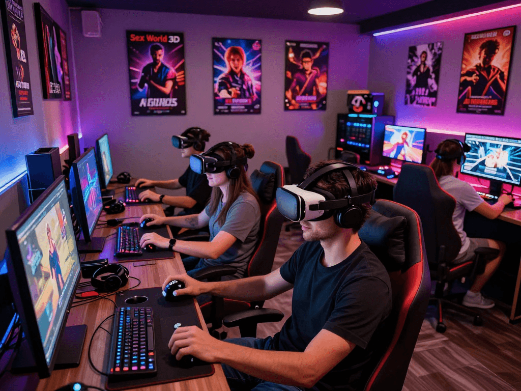 Experience thrilling gameplay with immersive 3D sex games, showcasing players engaged in vibrant gaming lounge.
