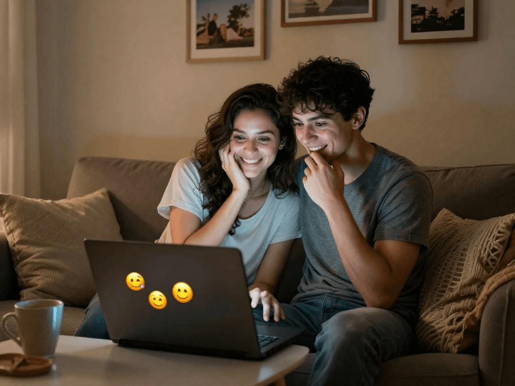 Engaging couple enjoying an ai porn chat on a cozy couch in a soft-lit room.