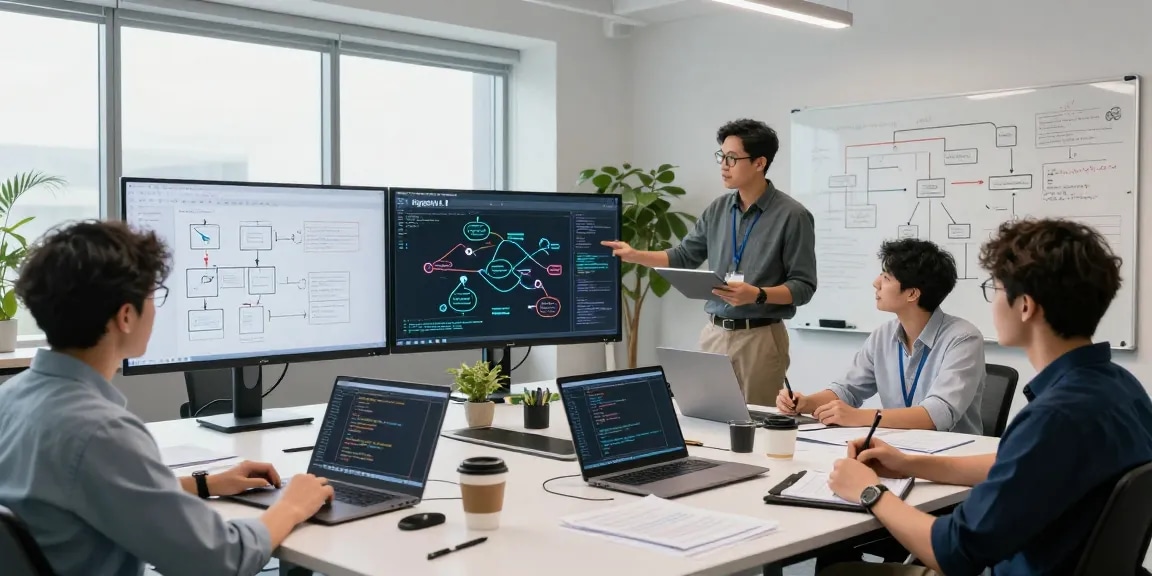 Team of engineers collaborating on agentic AI systems in modern workspace