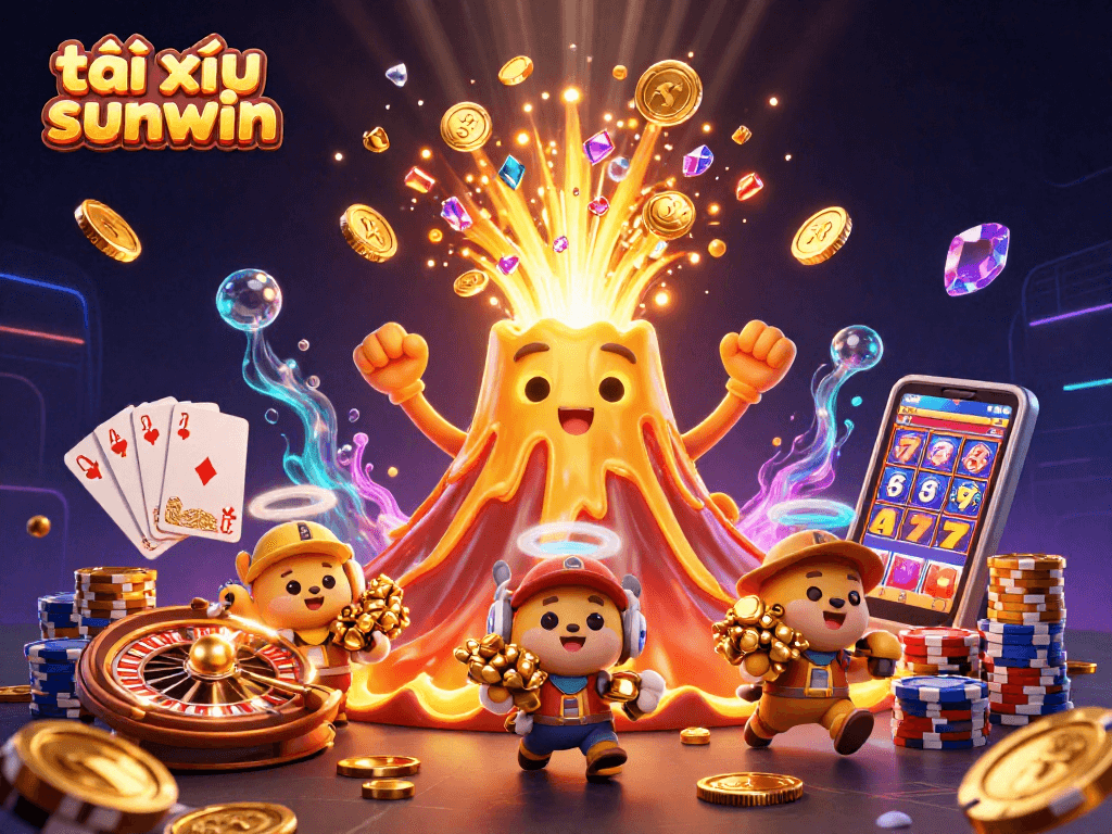 Experience the thrill of tài xỉu sunwin with stunning golden volcano and treasure illustrations.