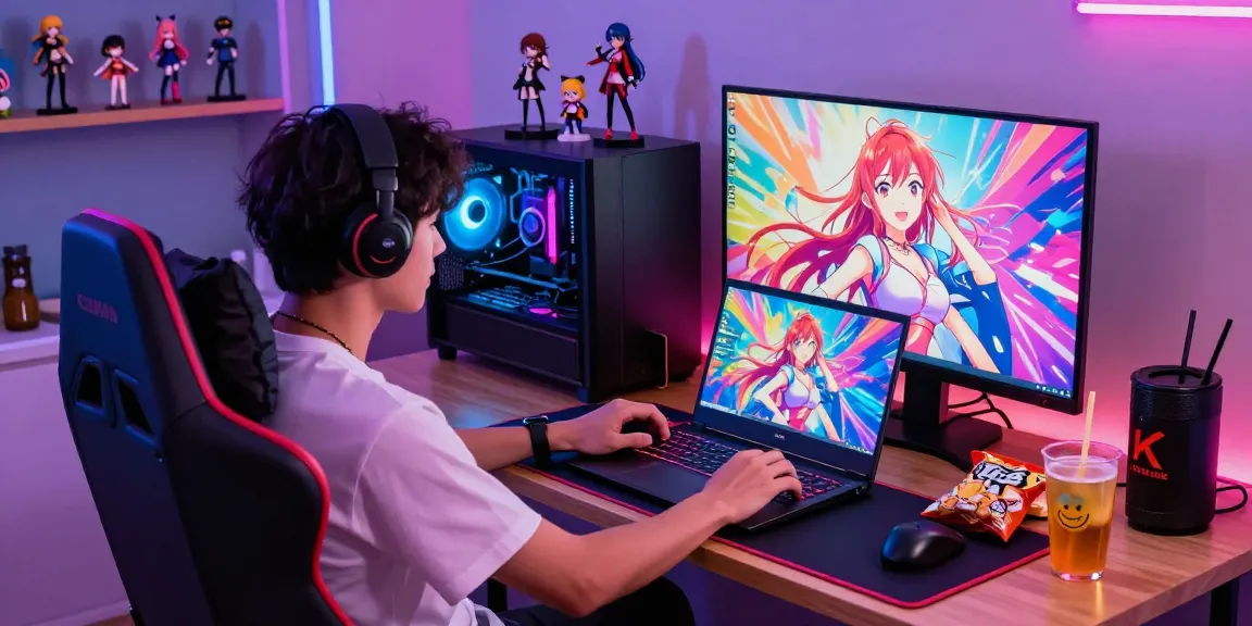 Gamer immersed in ecchi games on a stylish laptop with colorful LED lights, showcasing the vibrant gaming atmosphere.