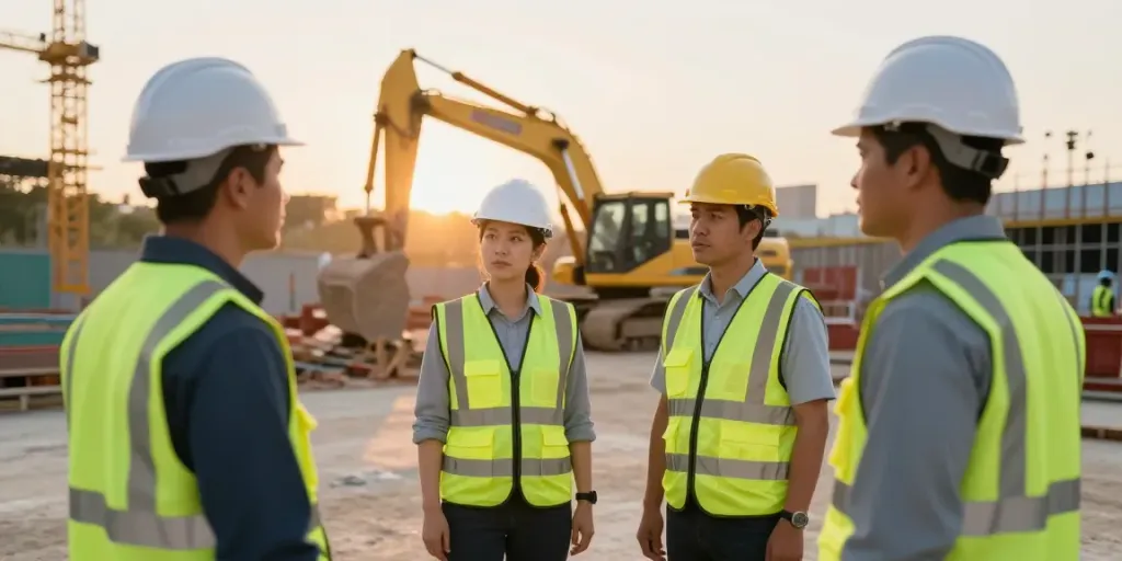 Construction Site Security personnel ensuring safety at a bustling construction site.