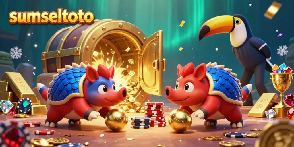 Experience the thrilling action of sumseltoto as rival pangolins compete with golden treasures and poker chips in a vibrant scene.
