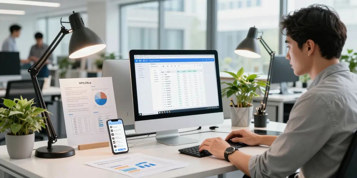 使用WPS Office的专业工作环境，显示个人在处理文件和数据分析，现代办公室氛围。