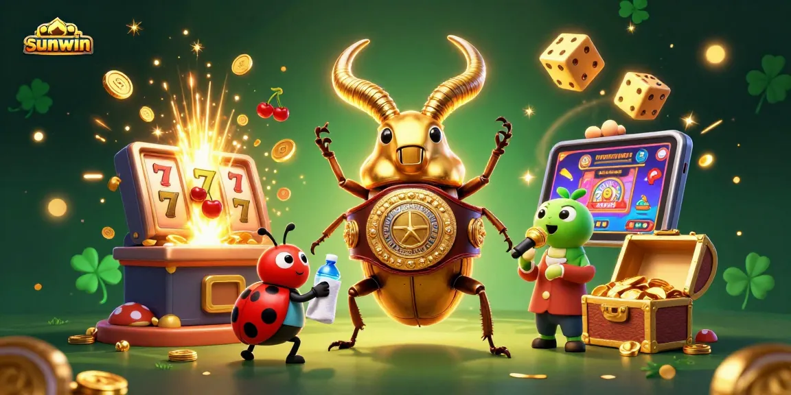 Engage with sunwin's thrilling casino visuals featuring a boxing beetle amidst celebratory gaming elements.