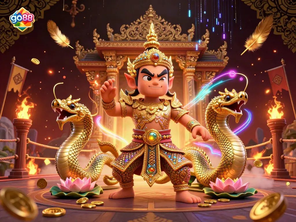 Experience the thrill of go88 with dynamic casino elements in a rich and vibrant 3D illustration.