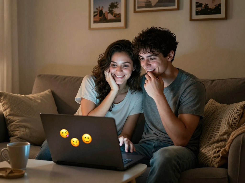 Engaging couple enjoying an ai porn chat on a cozy couch in a soft-lit room.