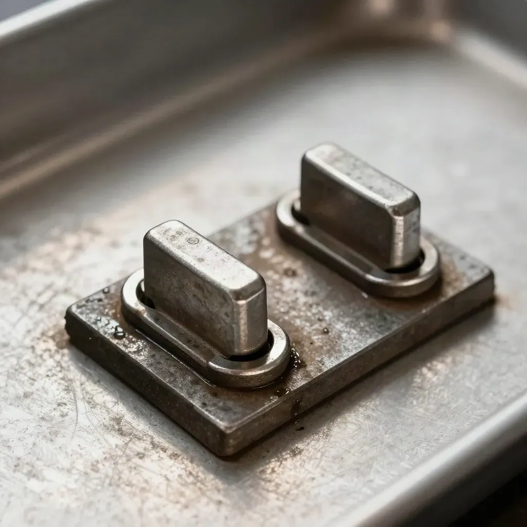Macro rail fastener plate with steel clips, shim, and grease on a metal tray.