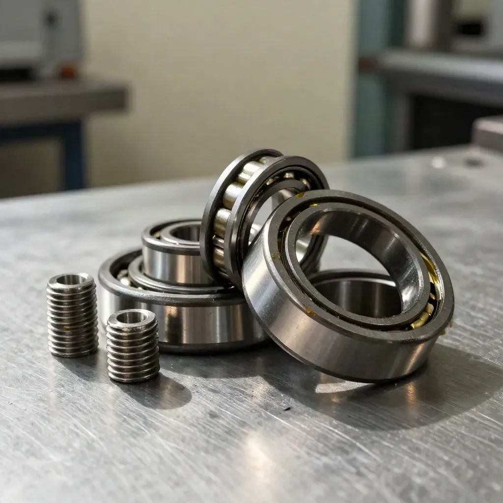 Bearing races, threaded spacers, and a milled alloy ring on brushed metal in soft daylight.