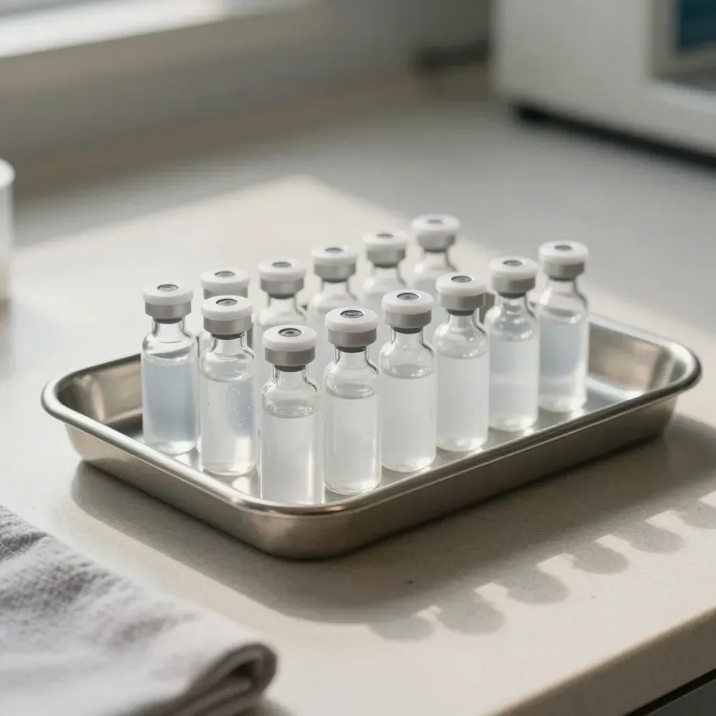 Ampoules and vial caps lined on a stainless tray over pale stone, lit like a premium lab still life.