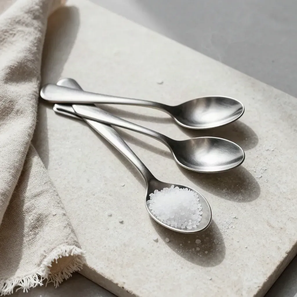 Stainless tasting spoons with coarse salt and folded linen on pale stone.