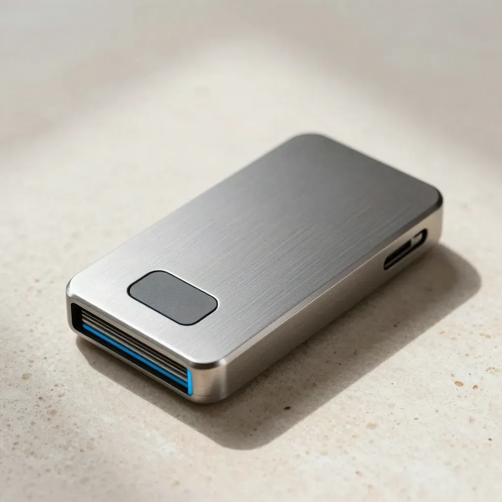 Macro still life of a brushed metal card reader, contactless puck and token blanks on pale stone.