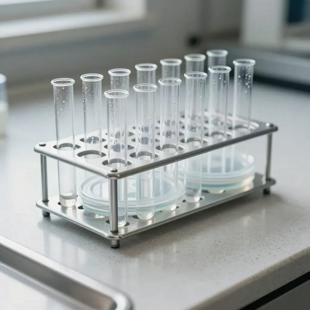 Sample tubes, aluminum rack, and frosted Petri lids drying on a pale lab bench.