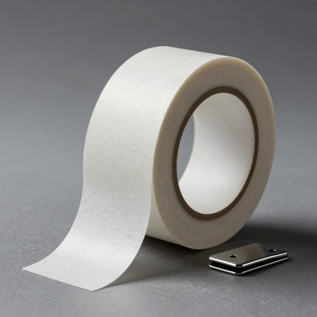 Macro of an adhesive label roll, face-down tag card and silver clip on graphite.