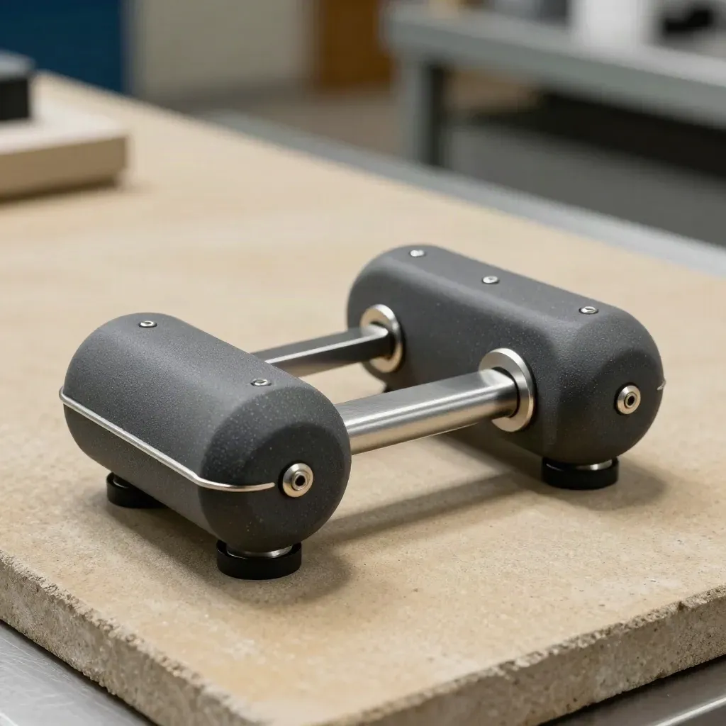 Two matte tracking pucks linked by a steel bridge on a khaki concrete slab