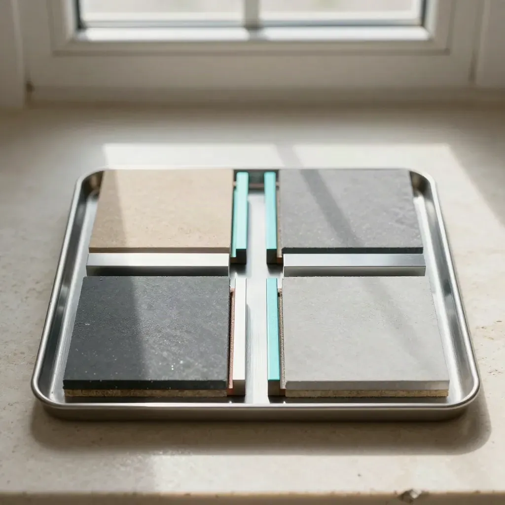 Top-down calibration kit with tiles, spacer blocks and tray on pale stone.