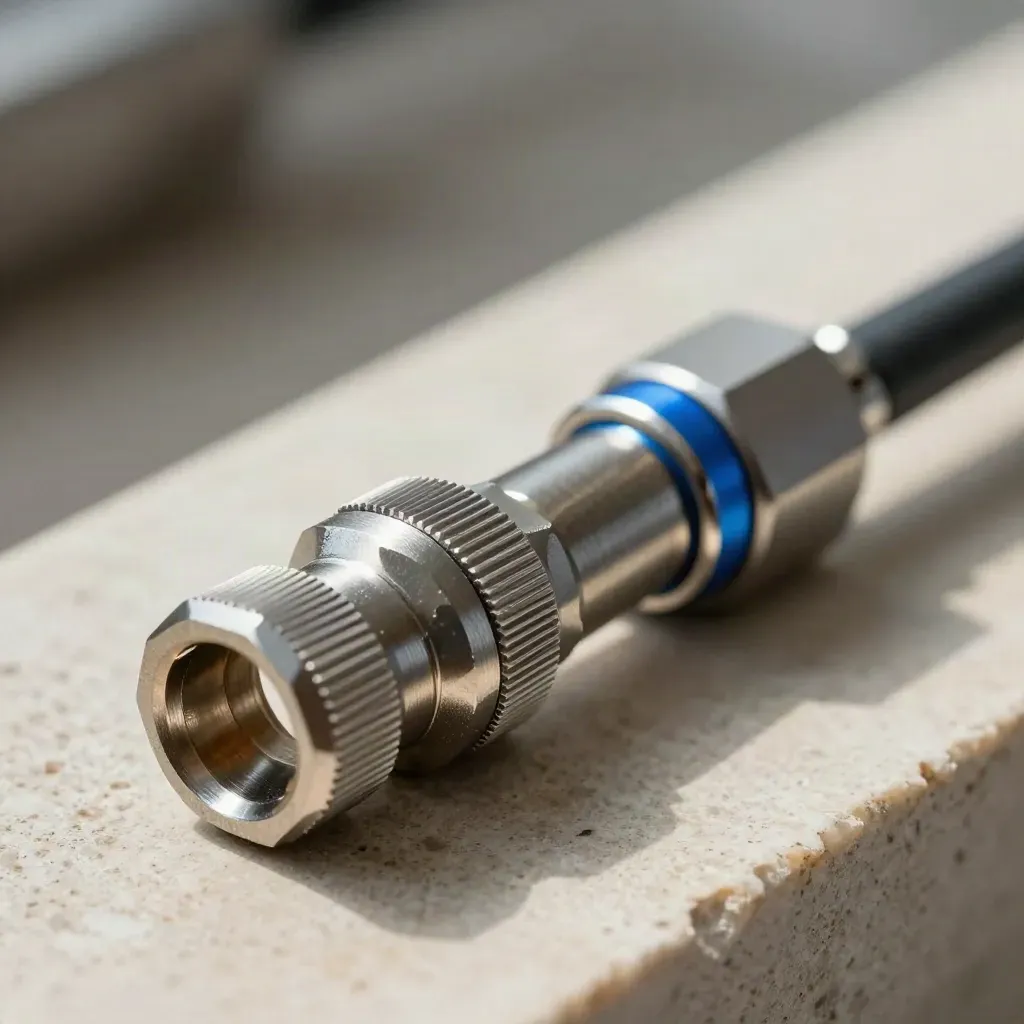 Macro of connector blocks, cable ferrule, and coupling ring on matte limestone.
