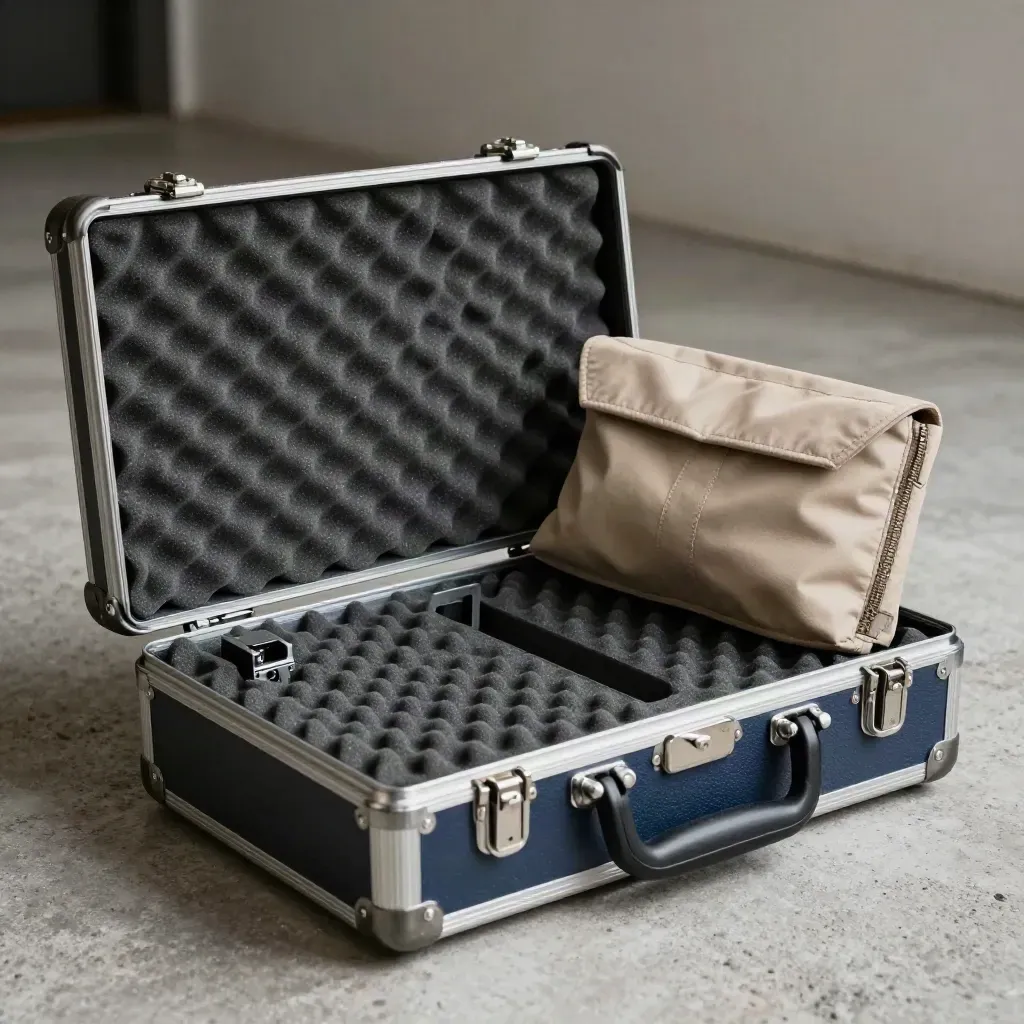 Open service case with sensor brackets and maintenance pouches on concrete
