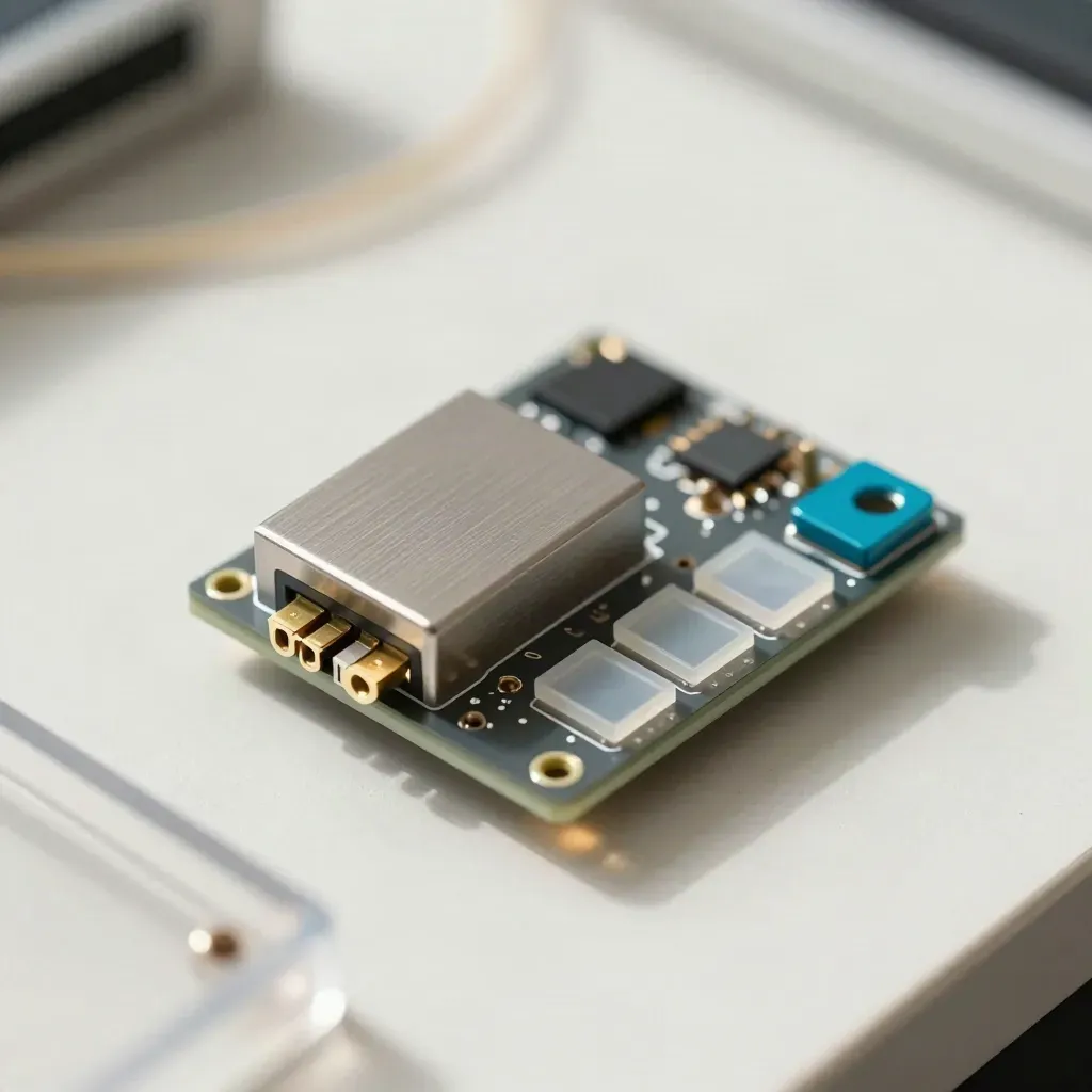 Machine-vision sensor modules and connectors on a bright bench, seen through frosted acrylic.