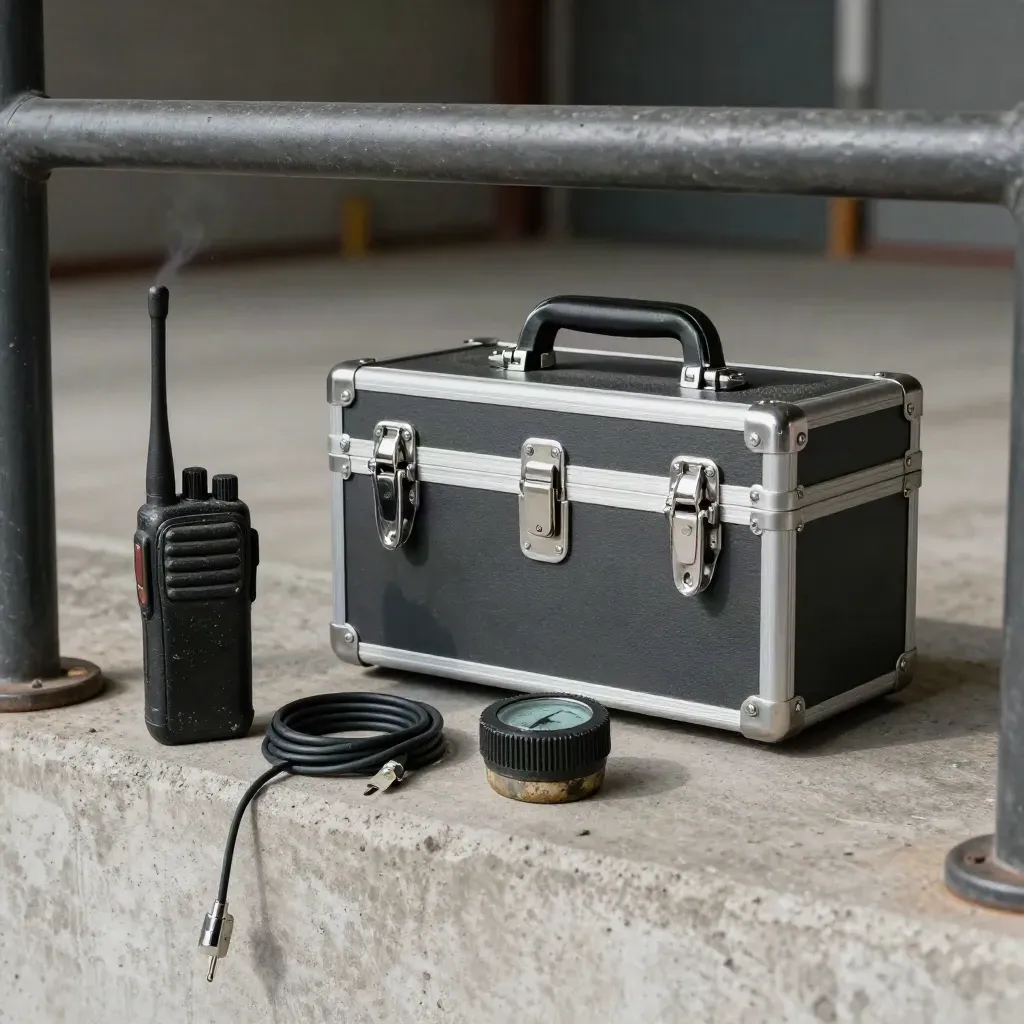 Walkie-talkies, inspection case and timer on a concrete ledge in warehouse haze