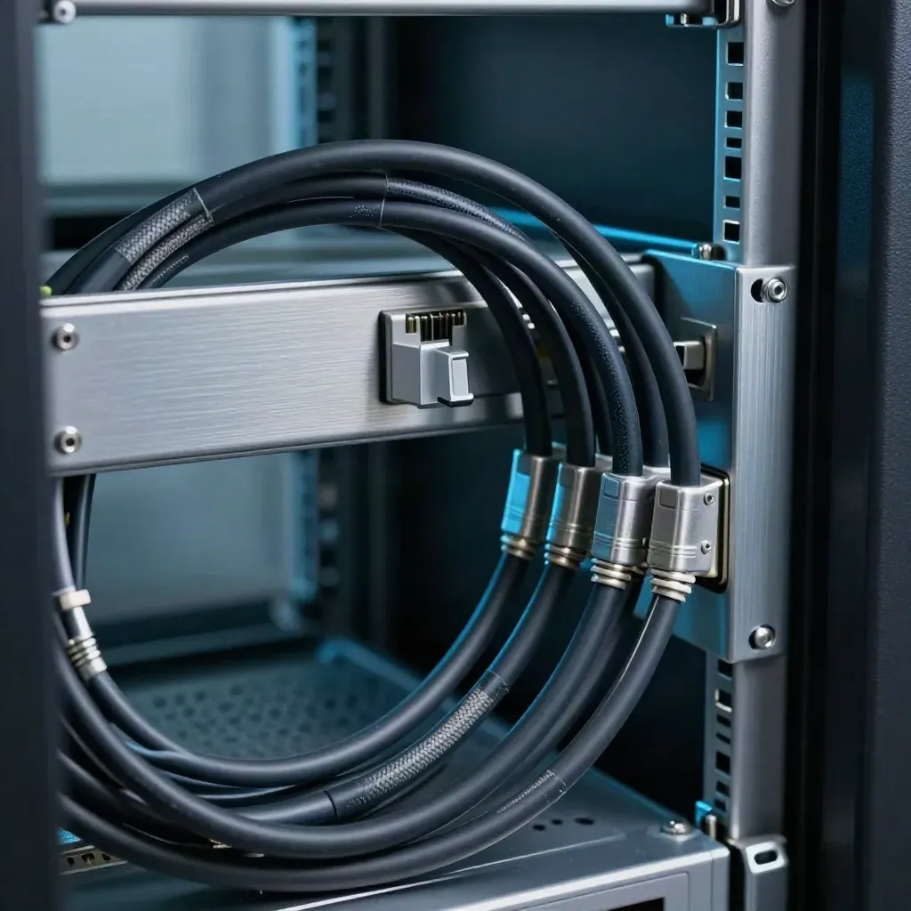 Server rack cable harness with metal brackets and sealed keys, shot through blurred cables