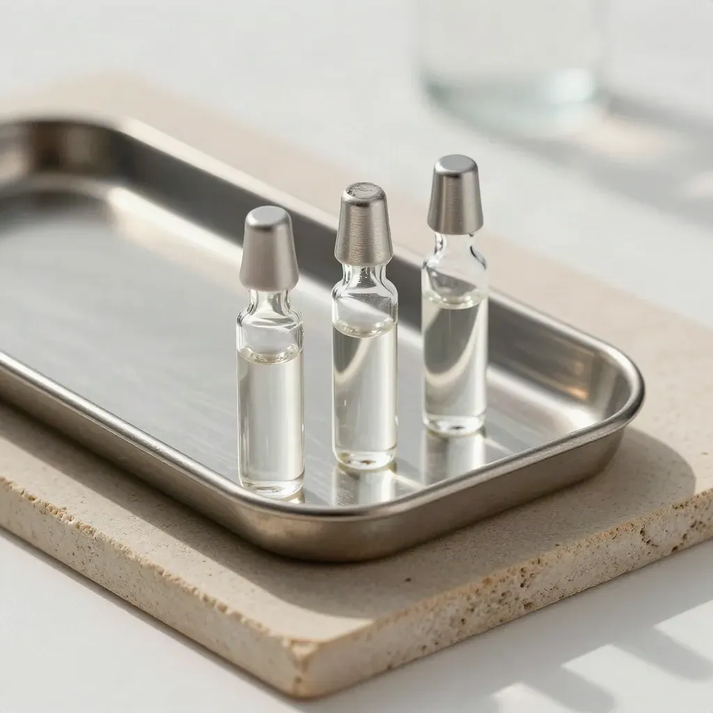 Top-down macro of glass ampoules and a metal tray on a pale stone surface.