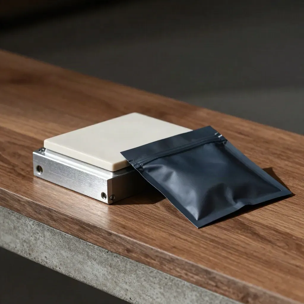 Machined housing, ceramic inspection tile and anti-static pouch on a warm walnut bench.
