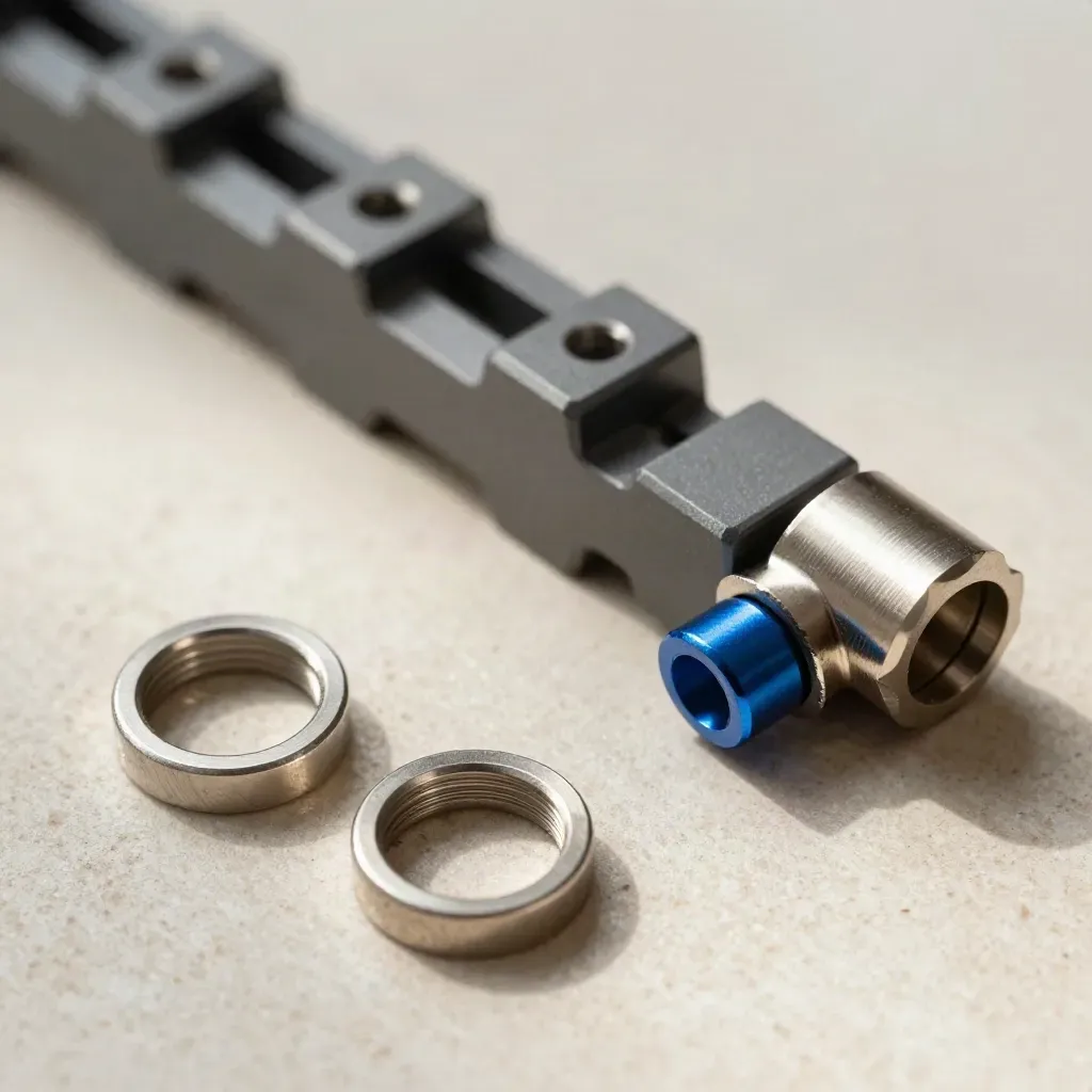 Macro flatlay of steel rings, a modular bridge block and connectors on pale stone with blue accent