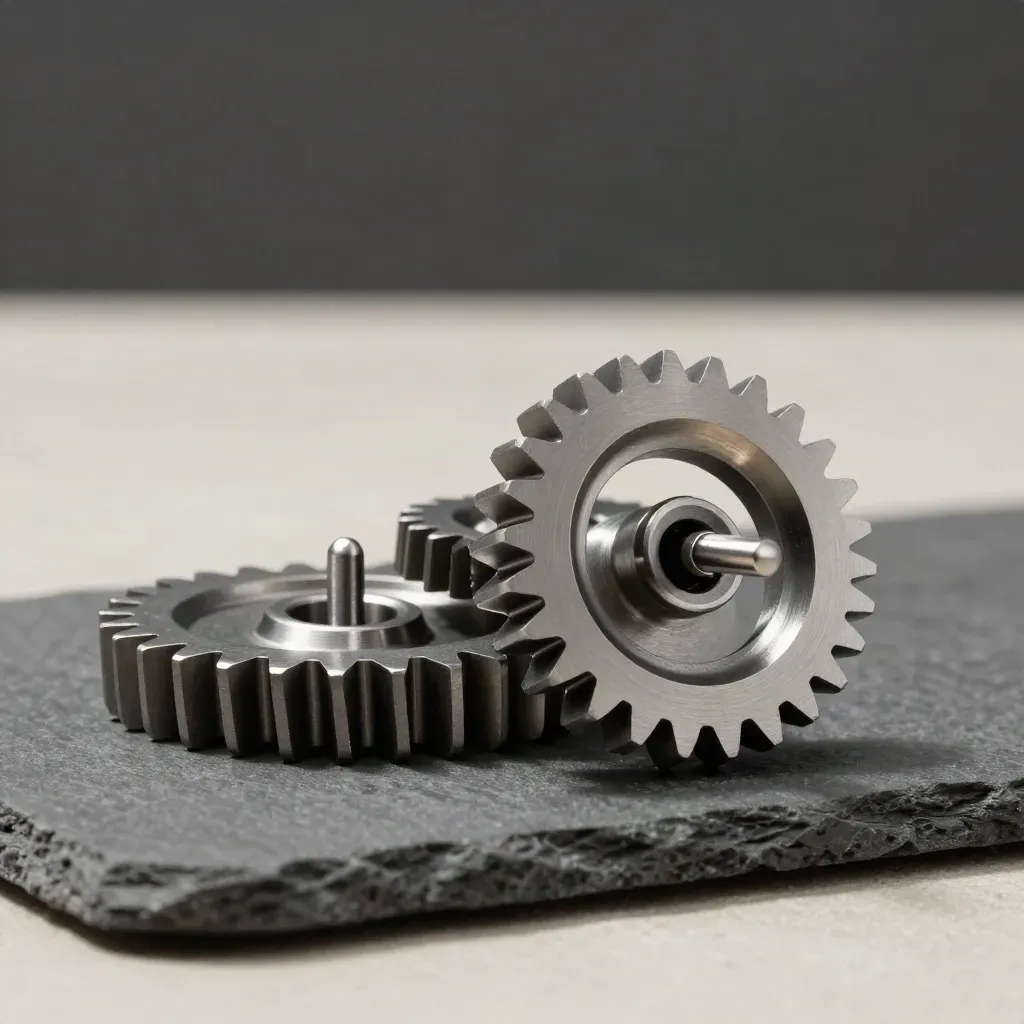 Interlocking machined gears, hinge plate and precision pin on graphite stone, dramatic studio light.