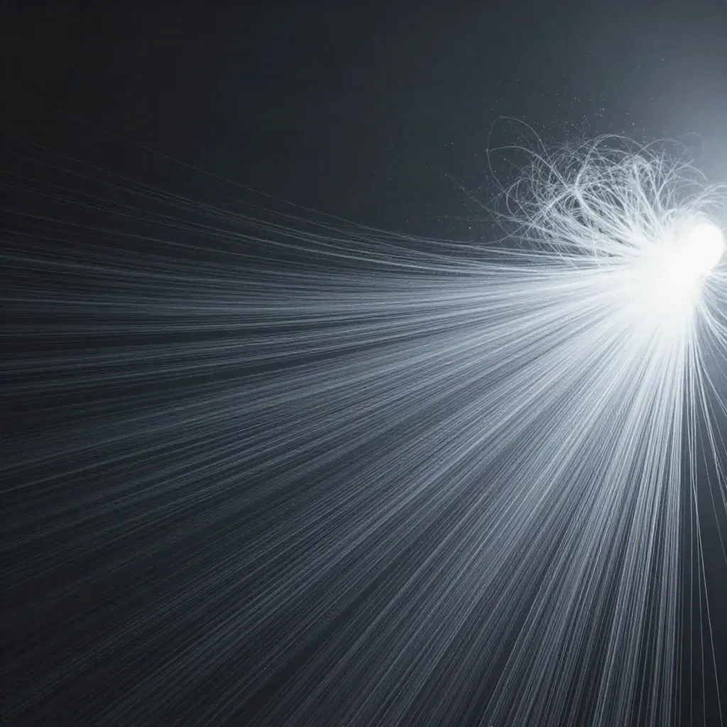 Silver filaments converge into a white bloom in graphite haze with calm dark space for copy.