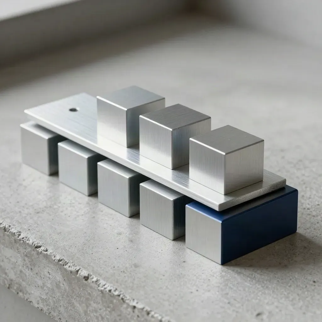 Top-down premium still life of modular metal blocks, bridge plate, and alignment cube on concrete.