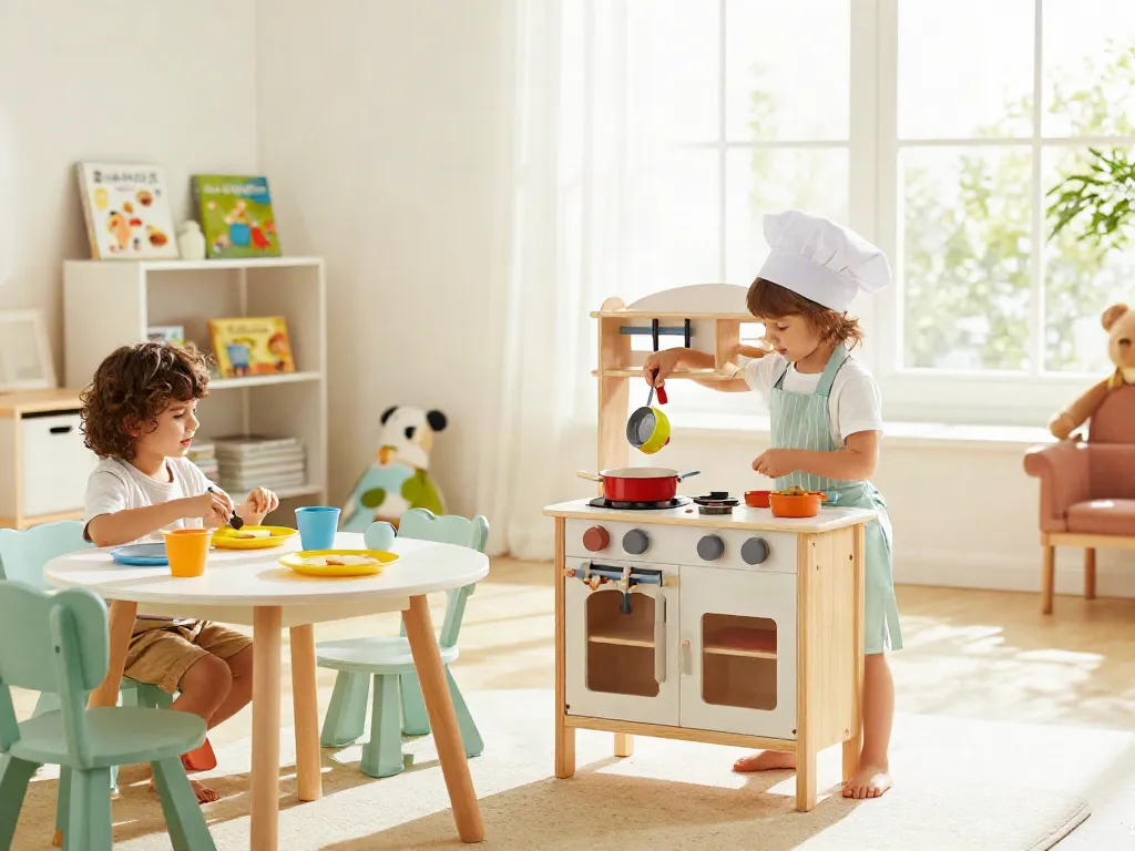 Child joyfully playing with a colourful play kitchen set, pretending to cook in a sunny playroom.