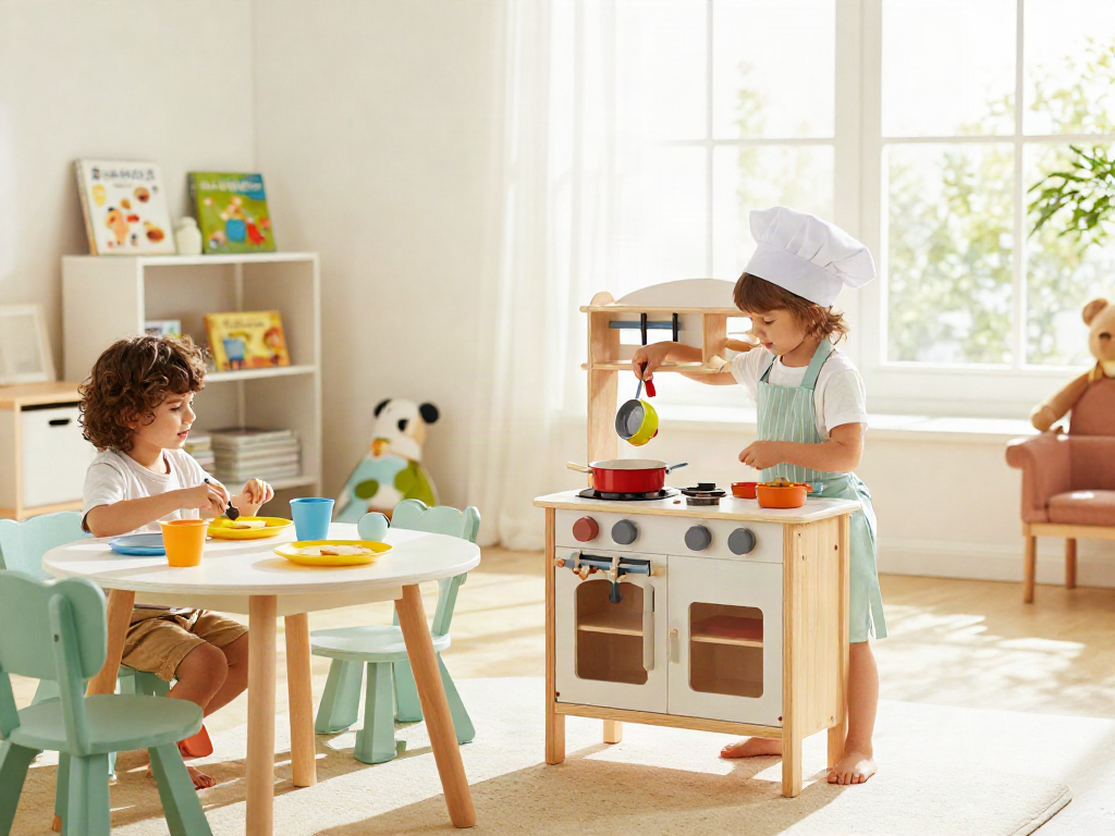 Child joyfully playing with a colourful play kitchen set, pretending to cook in a sunny playroom.