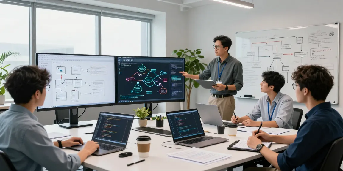 Team of engineers collaborating on agentic AI systems in modern workspace