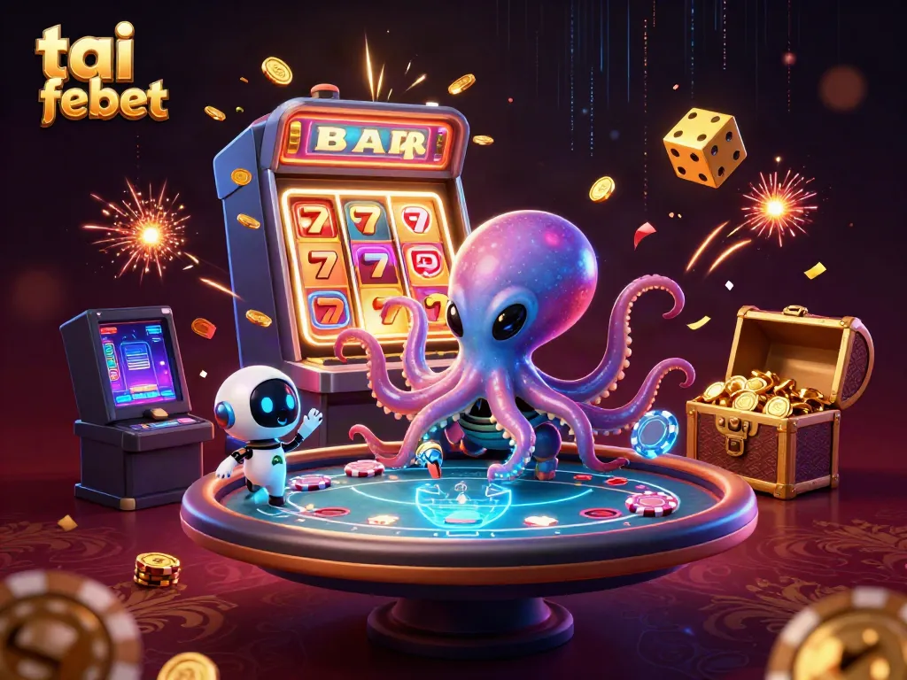 Experience thrilling wins at tai febet with a vibrant casino-themed illustration featuring interactive gaming elements.