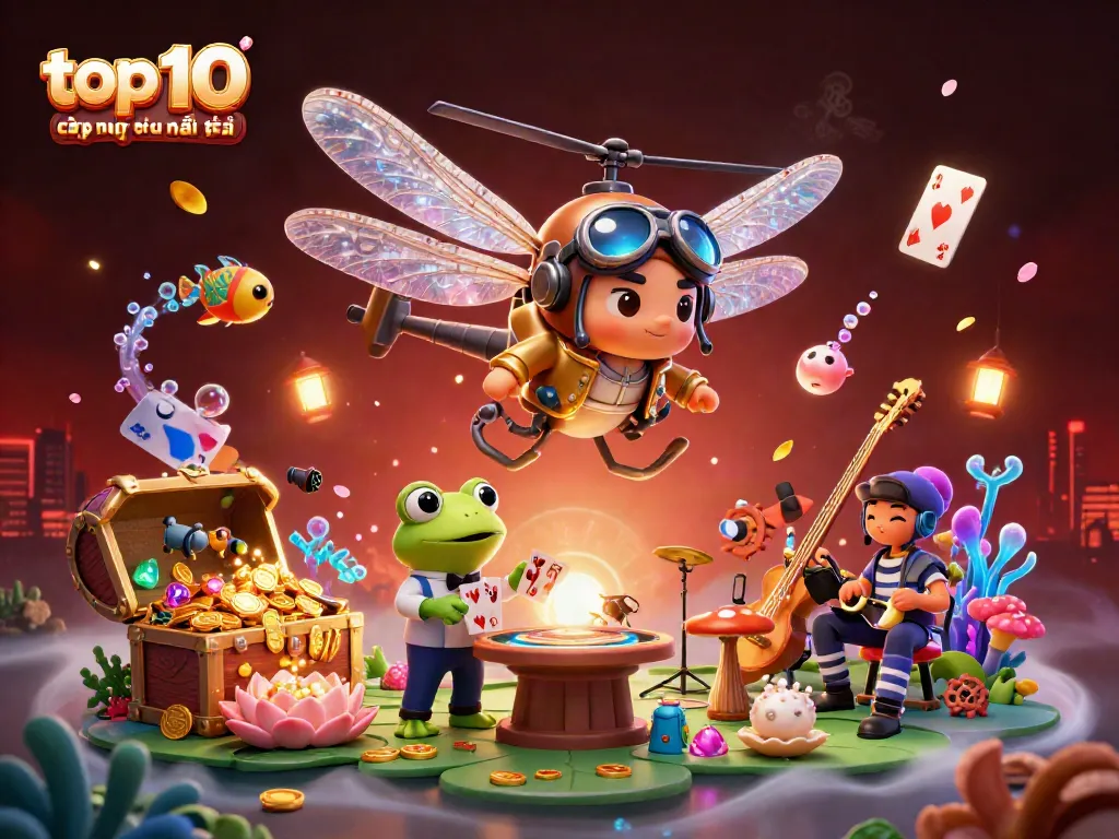 Depicting top 10 nha cai uy tin cập nhật mới nhất, a vibrant casino scene with a dragonfly pilot, frog dealer, and lively jazz.