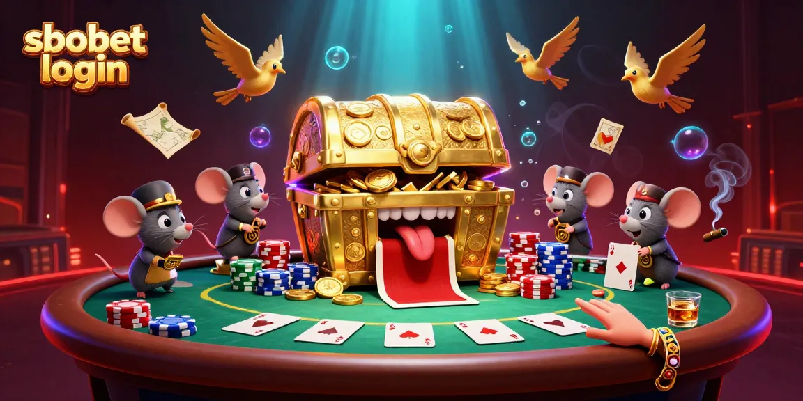 Engage with sbobet login for a thrilling adventure in this dynamic casino illustration featuring treasure chests and poker elements.
