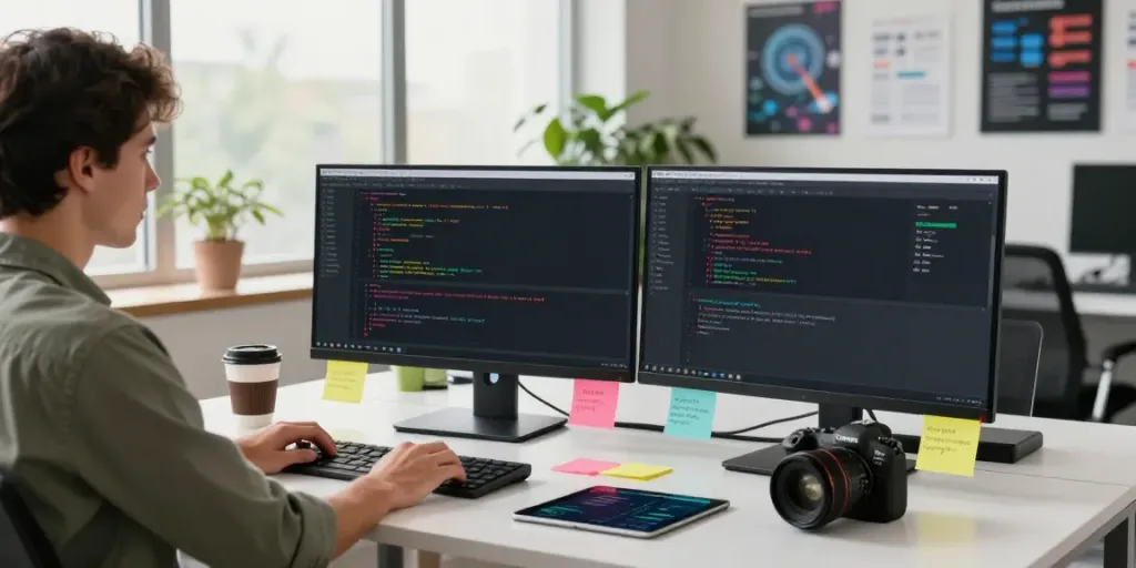 Developer focused on instant indexing technologies at a modern workspace.