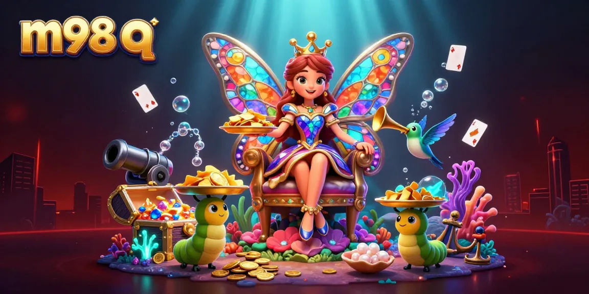 Spin the reels with m98 q, featuring vibrant characters and treasure elements in a thrilling online casino scene.