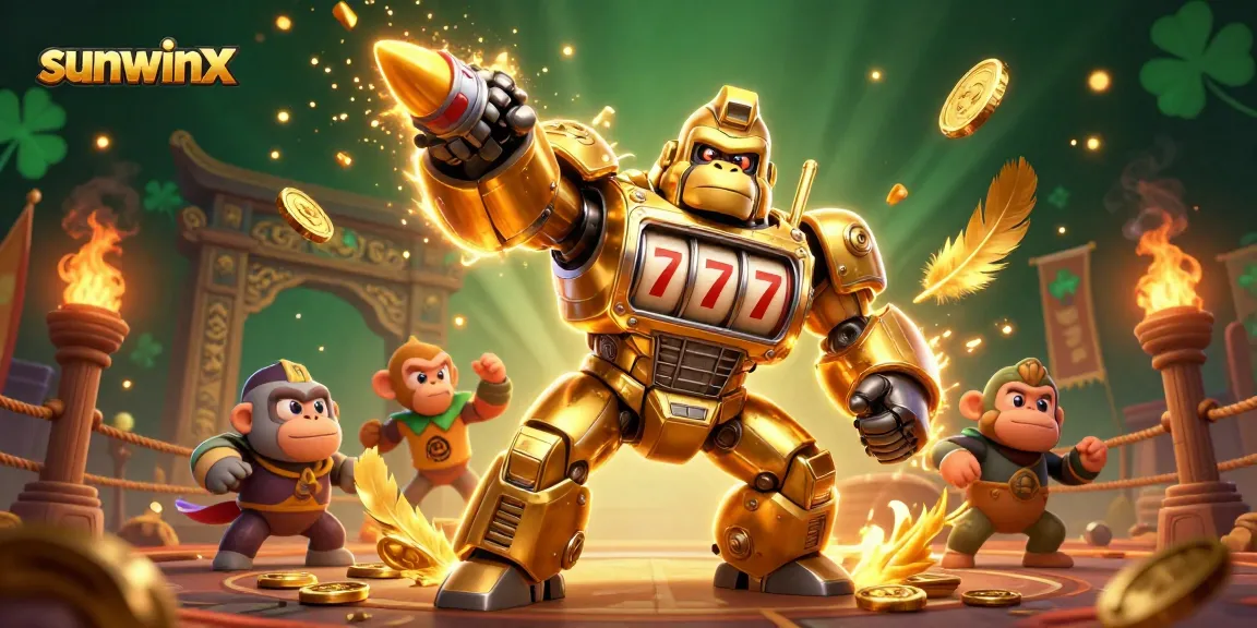 Experience sunwinx excitement with a golden mech, slot reels, and a dynamic casino action scene.