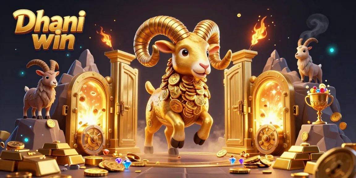 Dhani win showcases a 3D dynamic casino scene with a golden ram charging, enriched with treasures and gems.