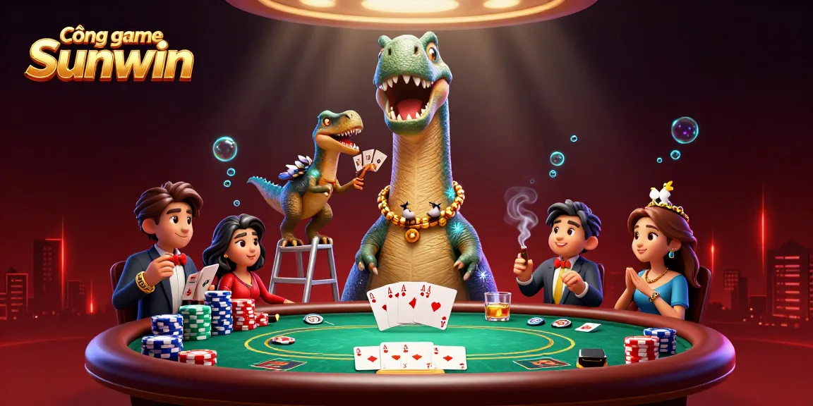 Cổng game Sunwin brings excitement to players with a whimsical casino scene featuring a brontosaurus and raptor dealers.