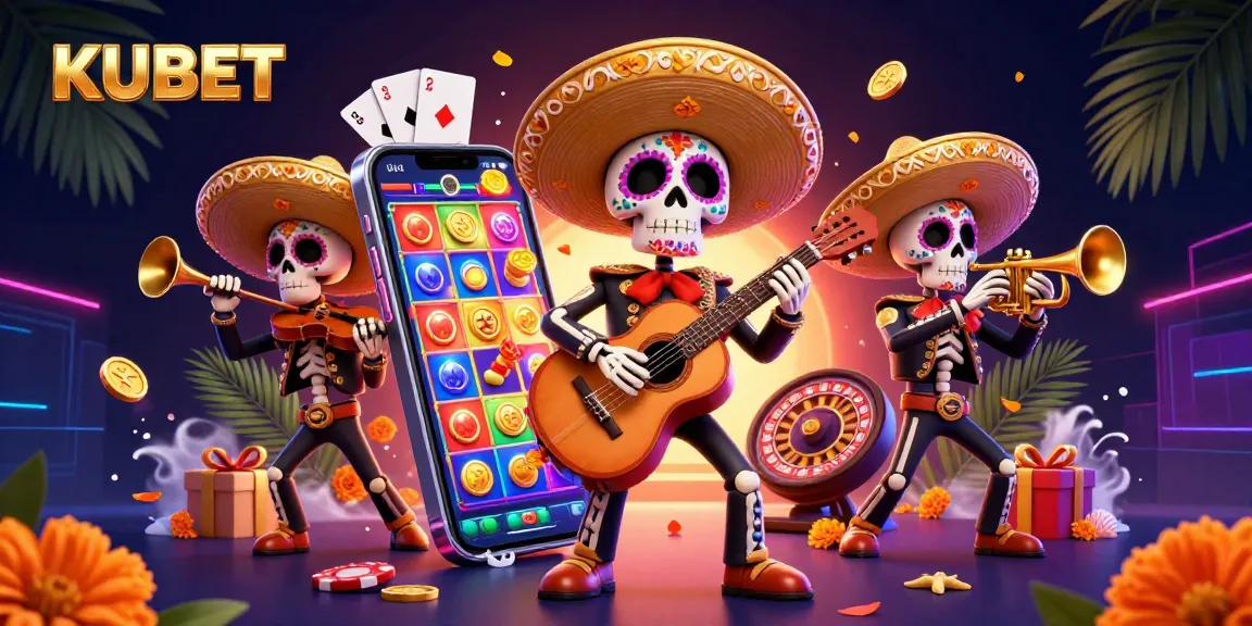 KUBET offers a lively casino experience with Day of the Dead skeleton musicians amidst gaming excitement.