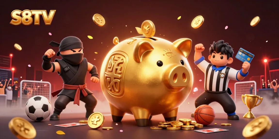 S8TV showcases a vibrant 3D illustration with a golden piggy bank sumo wrestler and dynamic sports betting elements.